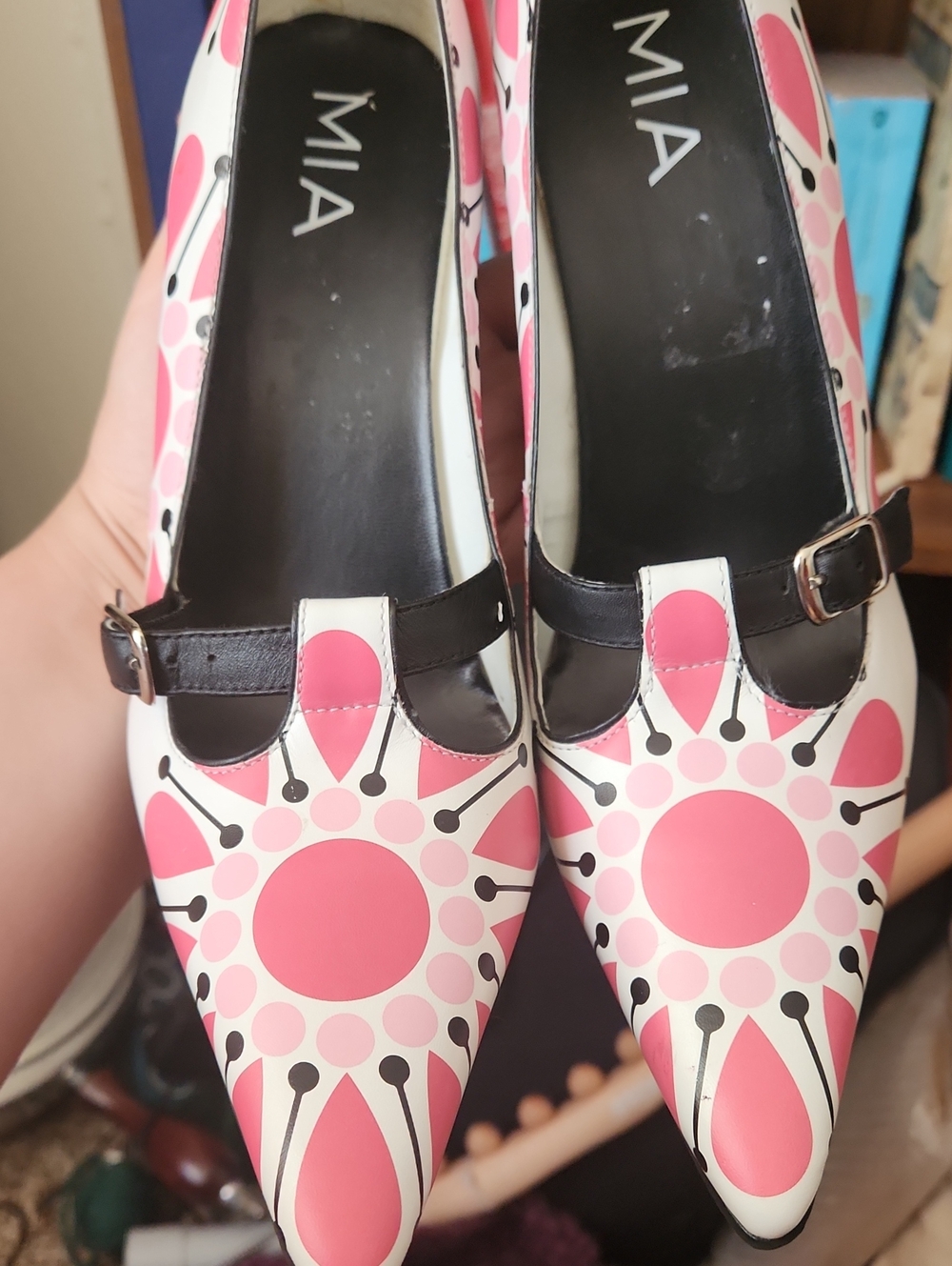 MIA Pink and White Pointed Mary Jane Heels with Black Strap